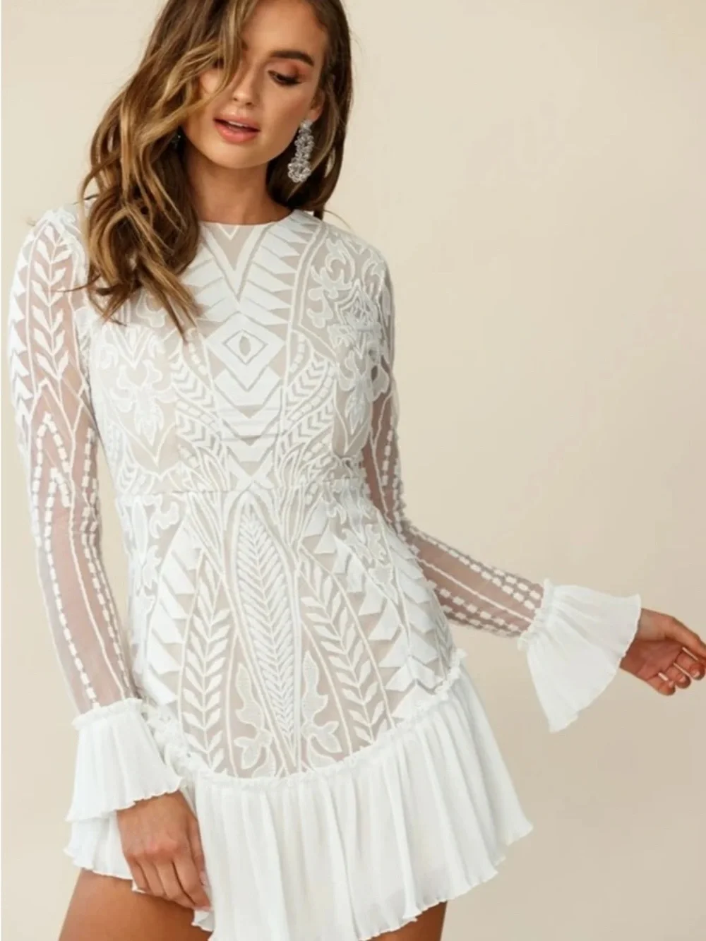 Selfie Leslie White Embroidered Lace Long-Sleeve Dress with pleated ruffle hem - Picture 2 of 8